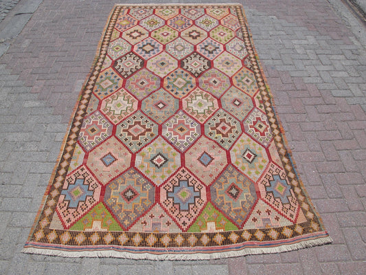 Multicolor Boho Kilim Vintage Wool Large Area Rug 5'5 x 10'8