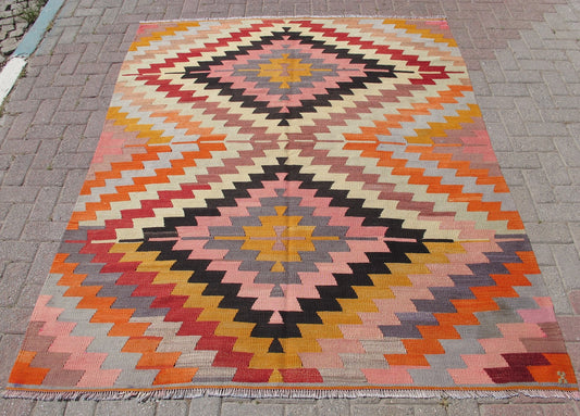 Handwoven Geometric Vintage Anatolian Kilim Rug Boho Decor