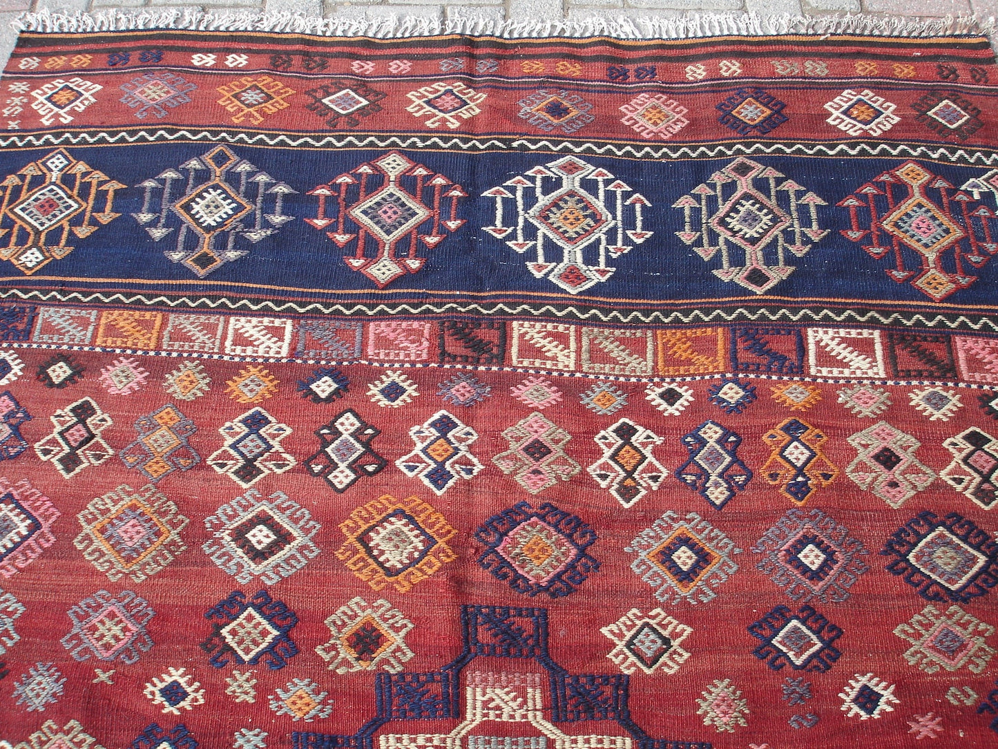 Antique Style Kilim Rug with Red Blue Color 5'1 x 8'5