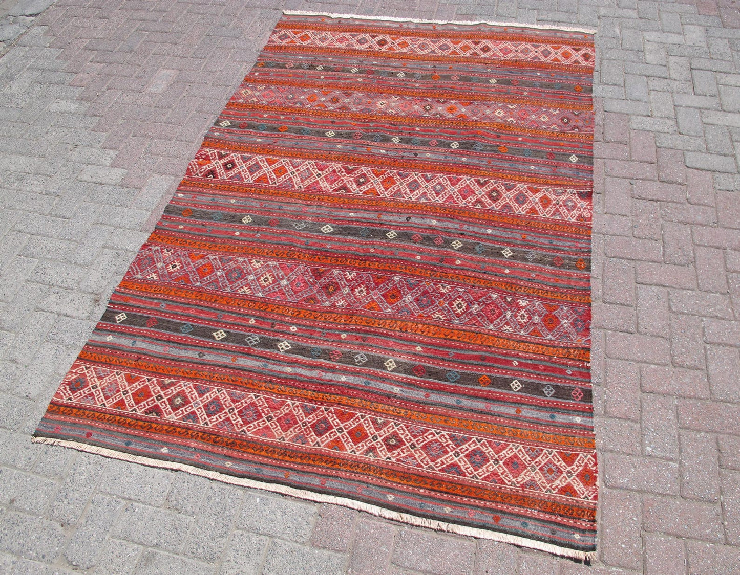 Striped Turkish Kilim Rug Handwoven Anatolian Kelim 5 x 7'8